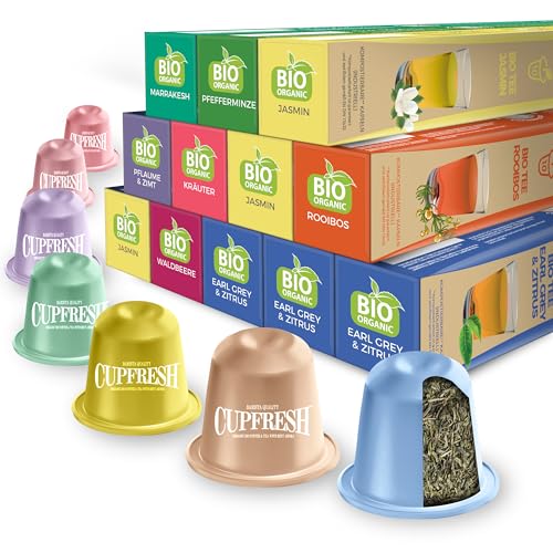 Cupfresh Premium BIO - Set di capsule da tè compatibili con macchine da caffè Nespresso, 120 capsule da tè, 8 sapori deliziosi, 100% compostabili industriali, prodotte in Svizzera