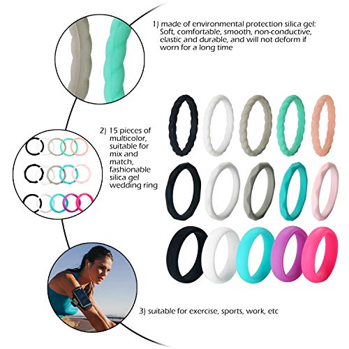 Silicone Wedding Ring for Women,15-Packs Thin and Stackable Braided Wedding Bands, Comfortable Rubber Fit Rings Set (Multiple Colors)3