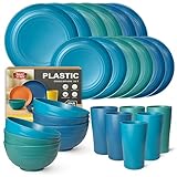 Teivio Juego de vajilla de plástico de cocina de 24 piezas, servicio para 6, platos llanos, platos de postre, cuencos de cereales, tazas, juego de platos y cuencos de plástico irrompibles, platos de
