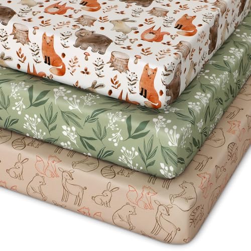 Image of Unnivoll Pack and Play Sheets Fitted 3 Pack, Mini Crib Sheets for Pack N Play Mattress Stretchy Portable Playard Sheets, Soft Breathable Green & Brown Fox