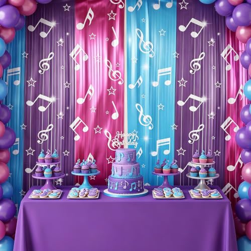 Image of TONIFUL 2Pcs Blue Purple Pink Music Note Metallic Foil Fringe Curtains