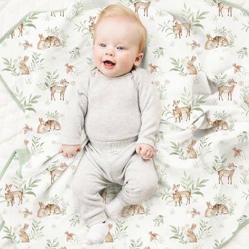 Konssy Muslin Baby Blankets for Girls Boys, 100% Cotton Crib Blanket for Infant Toddler, Super Soft and Lightweight Nursery Swaddling Wrap 40"x36" (Woodland)