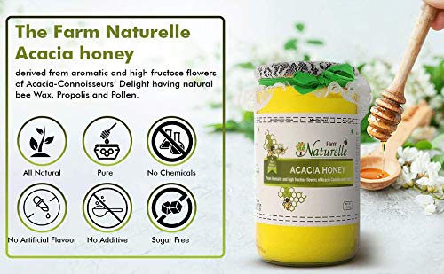 Image of Farm Naturelle Acacia Flora Wild Honey 300g |100% Pure Honey | Raw & Unfiltered|Unprocessed|Lab Tested Honey In Glass Jar with Engraved Virgin Wooden Spoon