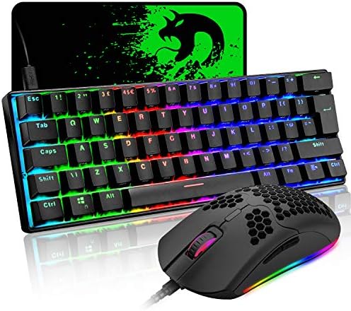 Mechanical Gaming Keyboard and Lightweight Honeycomb Mouse Combo with Rainbow RGB Backlit Full Anti-ghosting 61 Key Ergonomic Programmable Mice Wired USB for Laptop PC Gamer Typist(Black/Blue Switch)