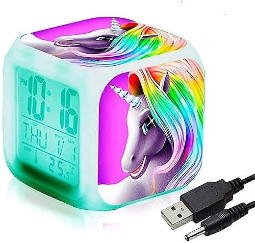 JOYHAPPST Dww-Style 1 Unicorn Digital Alarm Clock for Girls, Bright Night Light LED LCD Cube with Children's Light, Wake-Up Bedside Clock, Birthday Gifts for Ki