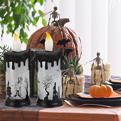2 Pcs Halloween Flameless Candles ,Flickering Led Pillar Candles, Battery Operated Led Candle Ghost Castle Skull For Halloween Celebration Parties （Without Battery） #TOP3