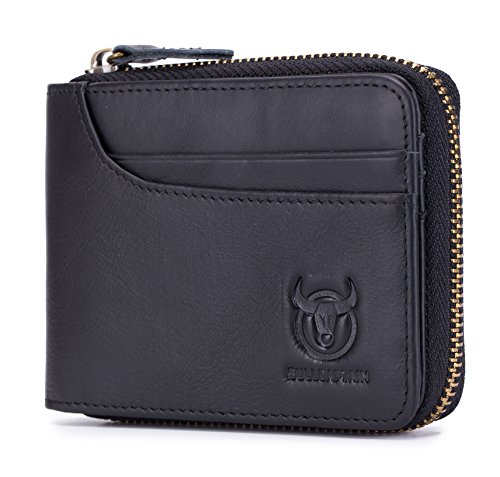 Preisvergleich Produktbild Geldbörse, Leder, Reissverschluss Geldbörsen, Herren RFID Geldbörse, Portemonnaie, Börse, Brieftasche,Hochwertiges Rindleder (Schwarz-029)