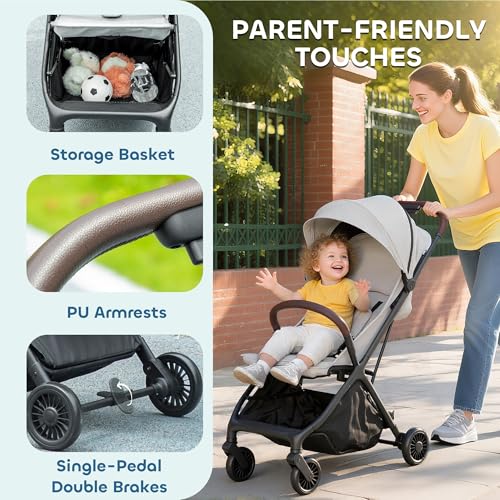 AIYAPLAY Baby Stroller, Foldable Travel Pushchair with Adjustable Seat, 5-Point Harness, Canopy, All Wheels Suspension, Storage Basket, 6.3kg Lightweight & Compact, from Birth to 3 Years, Light Grey - Image 6