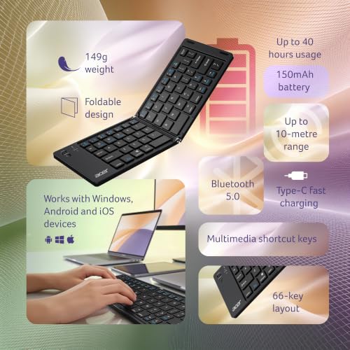 Image of Acer MiniFold Foldable Bluetooth Keyboard, Ultra Portable 66-Key Wireless Keyboard, Bluetooth 5.0, Rechargeable Battery, Type-C Charging, 150mAh Battery, for Windows, Android, iOS, Tablets & Laptops