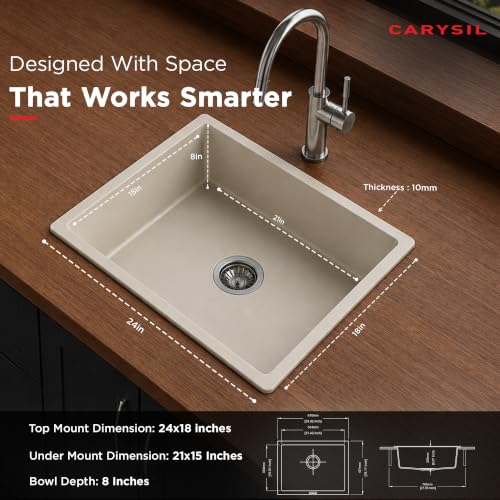 Image of Carysil MAGIC SALSA PRO Quartz Kitchen Sink 18 x 16 x 8 inches, Single Bowl, 80% Quartz & 20% Resin, Heat Resistant 300C, 50kg Load, Scratch & Stain Resistant, Granite Sink, SS Coupling - Champagne