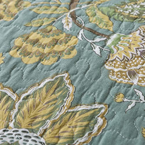 NEWLAKE Cotton Bedspread Quilt Sets-Reversible Patchwork Coverlet Set, Green Floral Pattern, King Size
