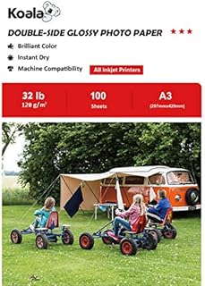 KOALA Double Sided Glossy Inkjet Photo Paper A3, 120gsm, 100 Sheets for Inkjet Printers. Suitable for Printing Photos, Brochures, Covers, Certificates, Booklets, Flyers, Leaflets, Cards, Calendars