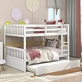 HAUSHECK Full Over Full Bunk Bed with Trundle, Full Bunk Beds for 3 Kids/Adults, Convertible to 2 Beds, Detachable Wood Bunkbed w/Full-Length Guardrails & Ladder, No Box Spring Needed, Space-Saving