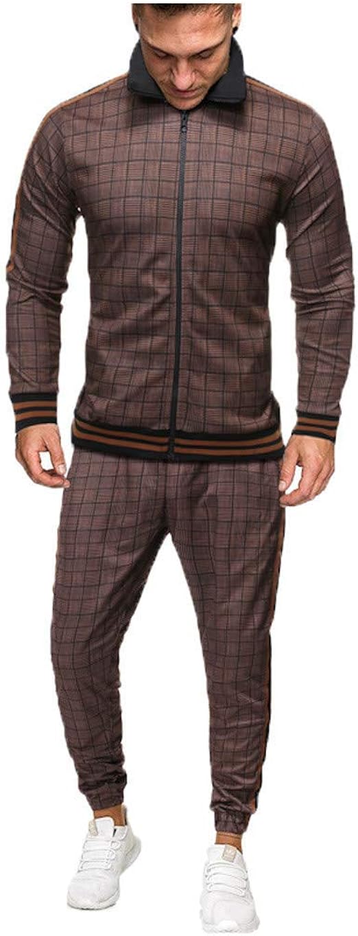 Men's Tracksuit Check Printed Mens Track Suits 2 Pieces Lapel Collar
