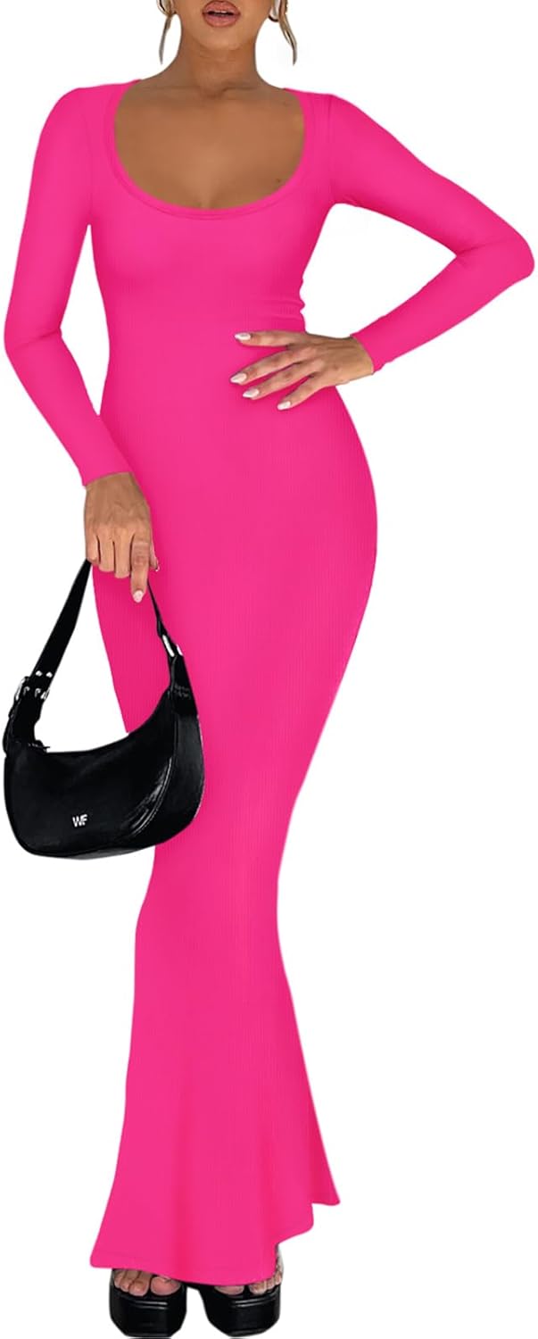 REORIA Womens Basic Sexy Square Neck Long Sleeve Soft Lounge Long Dress Fall Casual Ribbed Bodycon Maxi Dresses - Image 5