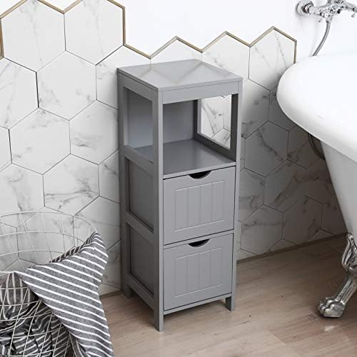 woodluv MDF Slimline Freestanding Bedroom Bathroom Hallway Tall Cupboard Cabinet Storage Unit with 2 Drawers - Grey