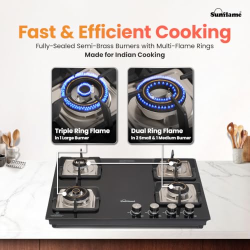 Image of Sunflame 4 Burner Built-In & Countertop Flexi Hob 65 cm Wide | 1 Large, 1 Medium, 2 Small Brass Burner | 5 Year Glasstop Warranty by Sunflame | Auto-Ignition | Ultra-Slim | Cast Iron Pan Support