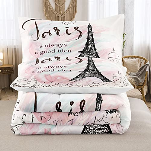 Bodhi Full Size Paris Comforter Set,Girls Pink Bedding Set,Cartoon Eiffel Tower Comforter Set,Girls Comforter With Matching Pillowcase,Pink Girls Bed Set Full Size #TOP2