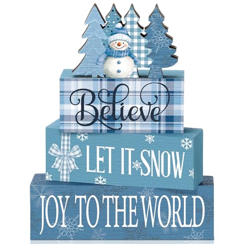 Fiwochic 4 Pcs Christmas Blue Snowman Decoration Winter Wooden Tiered Tray Decor Xmas Tree Centerpiece Joy Plaid Snowflake Let It Snow Block Signs Gift for Table Home Party Kitchen Shelf