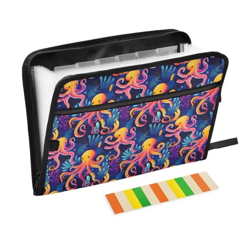 ALAZA Kraken Kraken Coral Stylish Expandable Filing Folder Storage Organiser Box Files, 13 Pockets Zip Filing Folders for Home or Office Documents