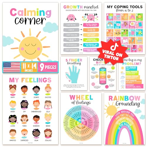 Hadley Designs 9 Calming Corner Posters for Classroom Must Haves - Calm Down Corner Supplies with Emotions Chart, School Counselor Mental Health Poster, Feelings Chart For Kids, Pastel Classroom Decor