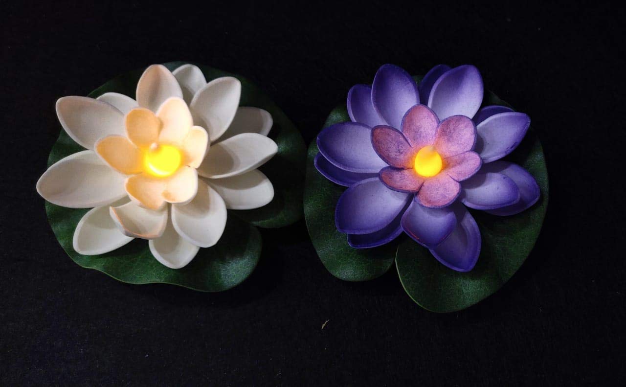 Dwarakesh Enterprises® 2 pc LED Yellow or Multicolor Flicker Water Sensor Floating Lotus Candle, Waterproof & Battery Operated, Artificial Multicolor Petals for Pool, Glass Bowl, Diwali Decor