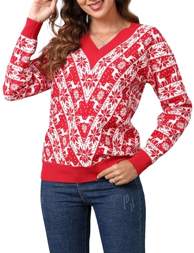 Clearlove Pull de Noël pour Femme à Col-V en Tricot de Renne - V-Rouge M