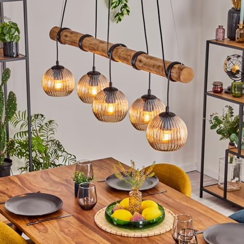 HOFSTEIN Pendelleuchte Koyoto, 5-flammige Hängelampe aus Metall/Holz/Riffelglas in Schwarz/Natur/Bernstein, Vintage Hängeleuchte, Glasschirme, Holzbalken, max. 150cm, E27, Esszimmer, Wohnzimmer, Küche