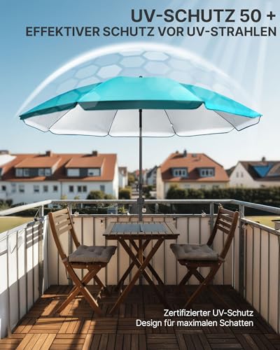 4smile Strandschirm SunnyJoy, Ø 180 cm Türkis - UPF 50+ Sonnenschirm Strand, Sonnenschirm Balkon - Strandschirm windfest stabil, Balkon-Schirm mit Hülle, Gartenschirm 4