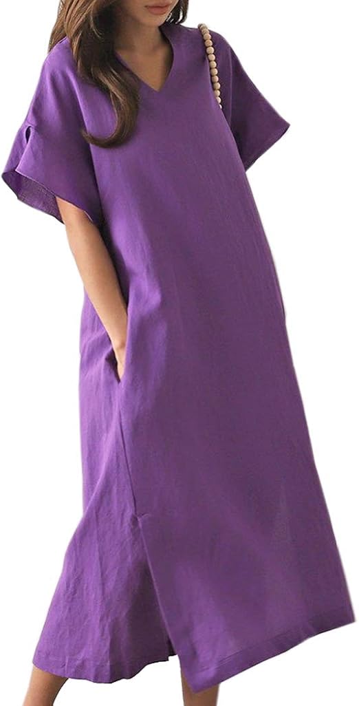 Amazon Co Jp フリル袖 リネンワンピース 半袖 リネン100 ワンピース 重ね着 マタニティーワンピース サイドスリット入り 春夏カジュアル Free ブラック 服 ファッション小物