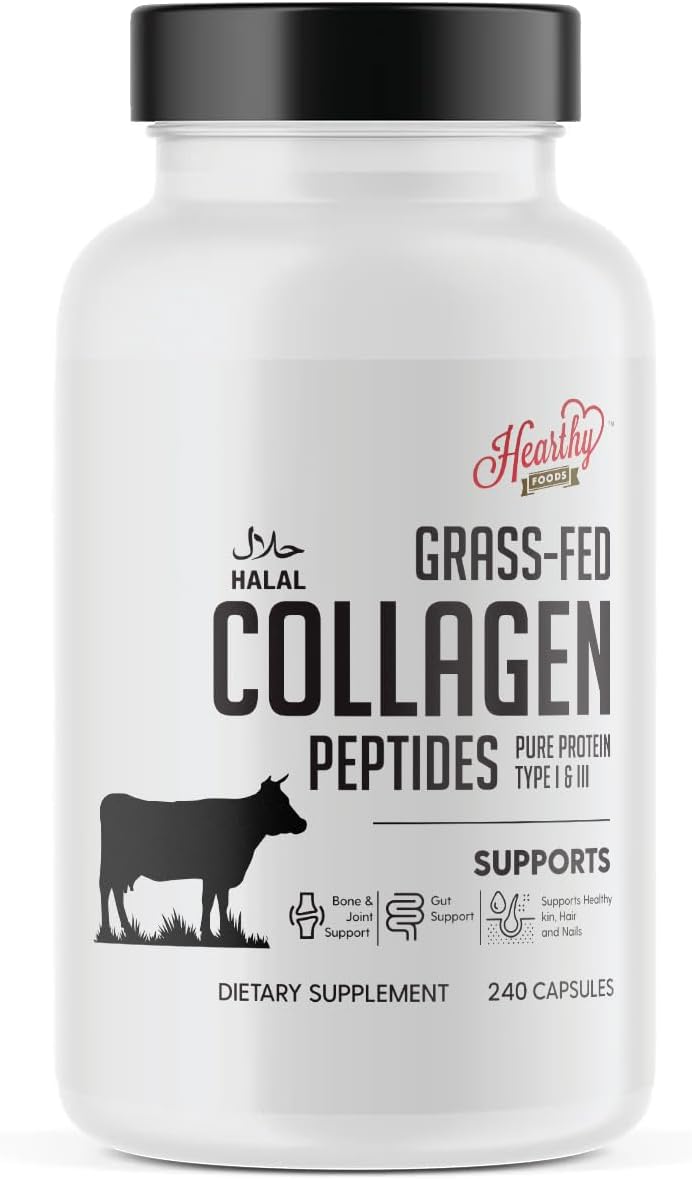 HEARTHY FOODS Collagen Pills Supplement (Type I, III), 240 Collagen Capsules Healthy Hair, Skin, Nails, Joints - Dairy and Gluten Free Collagen Supplement - 3.6 Grams Protein Per Serving