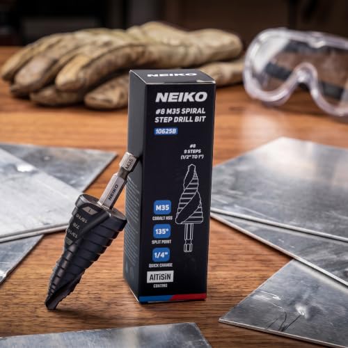 Image of NEIKO 10625B Step Drill Bit, 9 Steps 1 /2 inch to 1 inch Spiral M35 Cobalt, AlTiSiN Coated, 1 /4 inch Quick Change Step Bits for Steel, Metal, Wood, Plastic, Unibit Cone Drill Bits, Two Flute