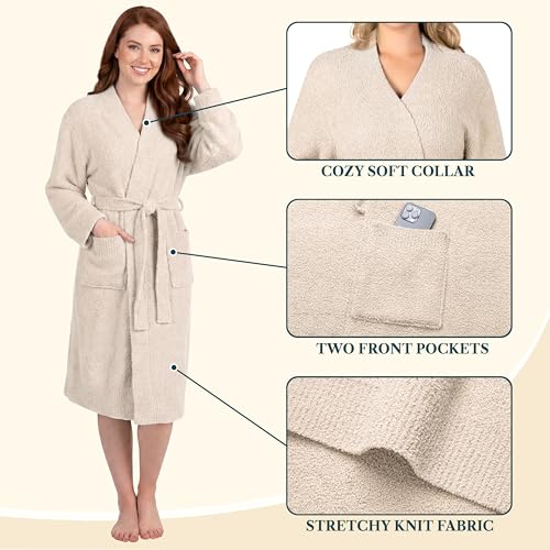 Image of PAVILIA Premium Plush Robe for Women, Soft Cozy Fuzzy Bathrobe with Pockets, Warm Mid-Length Lounge Robe with Tie Belt
