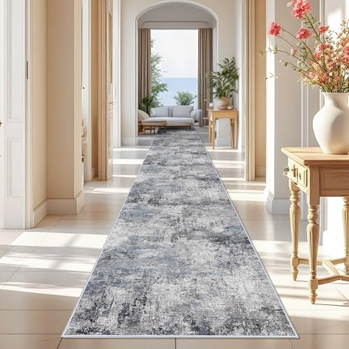 RUUGME Washable 3x25 Runner Rug - Living Room Abstract Rugs Soft Indoor Low Pile Carpet for Bedroom Kitchen Non Slip Backing Stain Resistant Distressed Floor Decor Machine Washable Mat 3x25 Blue