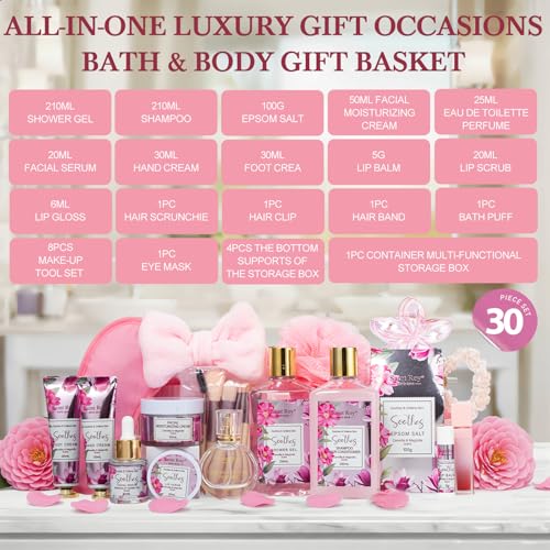 Image of 27 Pcs Spa Day Gifts Basket for Women, Camellia & magnolia Bath and Body Gift, Facial Skin Care Set, Self Care Pampering Kit, Face Serum, Lip Care, Home Spa, Birthday, Mother Day, Bridal Shower