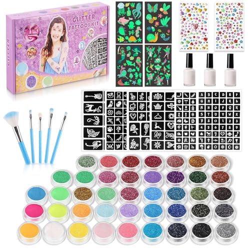 Glitter Tattoos - Glittery Kids Tattoos - Includes 215 Rhinestones 204 Unique Stencils 42 Sparkly Colours - Girls Gifts for Ages 7+