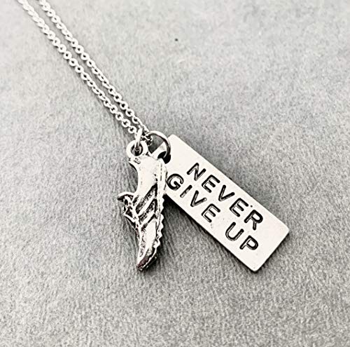 Pewter RUN and NEVER GIVE UP Necklace - Pewter Running Shoe Charm with Pewter Pendant 18 inch Stainless Steel Cable Chain - All Pewter3