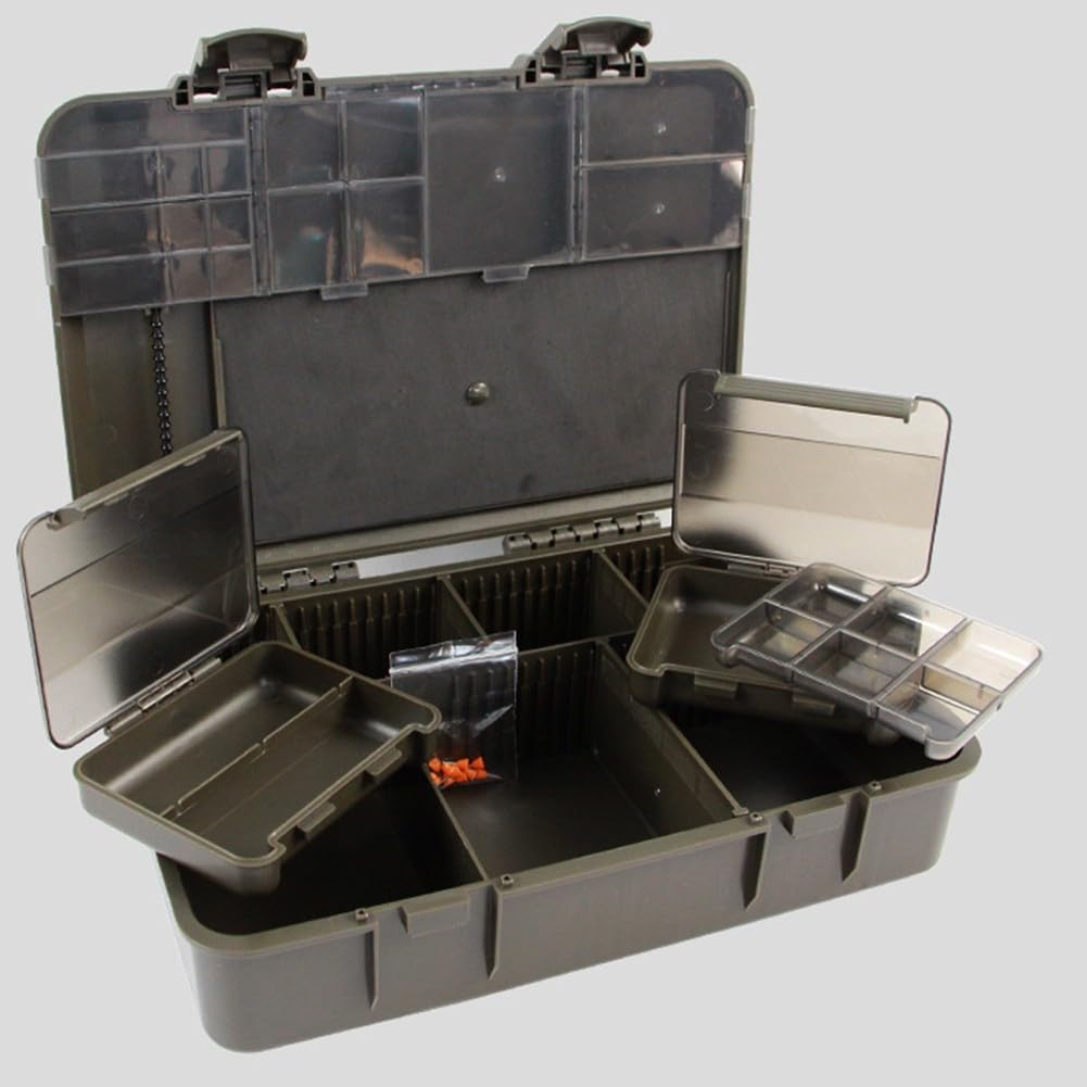 Juego de cajas de almacenamiento de pesca de carpas con báscula, 2 + 1 cajas de aparejos, múltiples compartimentos para anzuelos de aparejos, piezas pequeñas, estuche organizador de ABS verde
