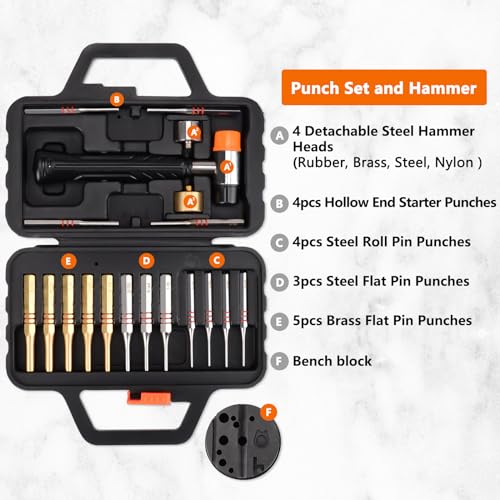 Durchschlag Werkzeug Kit mit Bankblock Splinttreiber Set Roll Punch Roll Pin Punch Set Schlosserhammer Set Hammer mit abnehmbaren Köpfen