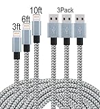 Frieso 3pcs 3ft,6ft,10ft Nylon Braided Charging Cable for iPhone 7, 7 Plus, 6s 6 Plus 5s 5c 5,iPhone SE, iPad Pro, Air 2, iPad Mini 4 3 2, iPod Touch 5th gen / 6th gen/Nano 7th gen (Gray)