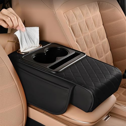 Image of SIAGO SIA399 Premium Car Armrest Cover | 5-in-1 Center Console Organizer with Cup Holder, Phone Slot, & Storage Bags | Anti-Slip PU Leather Cushion for Sedans & SUVs (Black)