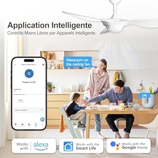 reiga Ventilateur de plafond 132 cm blanc brillant - 6 vitesses réversibles, lumière LED dimmable, télécommande, moteur DC silencieux pour chambre/salon