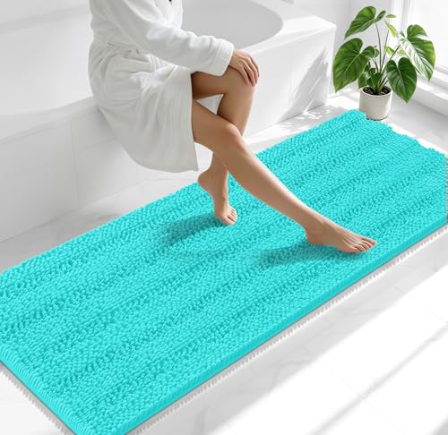 Image of Smiry Thick Chenille Bathroom Runner Rugs 70x24, Absorbent Bath Mat, Teal | Quick‑Dry & Machine Washable, Non‑Slip Bath Carpet, Soft Striped Bath Rugs for Tub & Shower, Modern Home Decor Accessories
