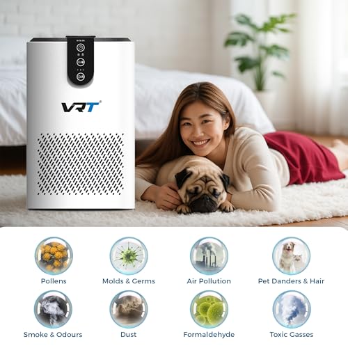 Image of VRT Smart Air Purifier for Home | HEPA Filter Removes 99.97% Dust, Allergens, Viruses & PM2.5 | Real-Time AQ Display | 9000 Hrs Filter Life | Coverage Up to 300 Sq Ft | Ideal for Bedroom & Living Room