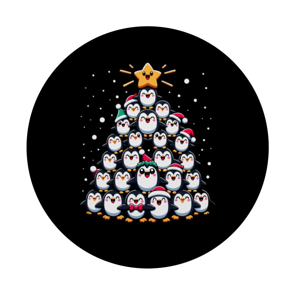 Penguins Christmas Tree Funny Penguins Xmas PopSockets Swappable PopGrip, Black - Image 3