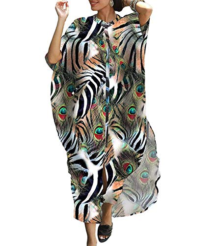 Robe de plage ample boutonnée femme tunique longue plumes de paon taille unique