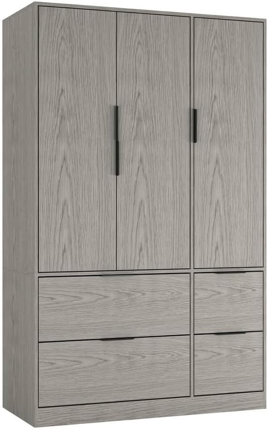 URBNLIVING 3 Door Wardrobe with 4 Drawers – Wooden Bedroom Storage Cupboard with Hanging Rail for Clothes – Cedar Grey Unit & Cedar Grey Doors & Drawers