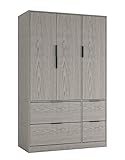 URBNLIVING 3 Door Wardrobe with 4 Drawers – Wooden Bedroom Storage Cupboard with Hanging Rail for Clothes - Cedar Grey Unit & Cedar Grey Doors & Drawers