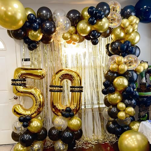 Image of Black and Gold Balloons, Birthday New Year's Eve Prom Wedding Party Balloon | Black and Metallic Chrome Gold Confetti Balloons for Father's Day Graduation Class OF 2026 Anniversary Retirement Party Decor