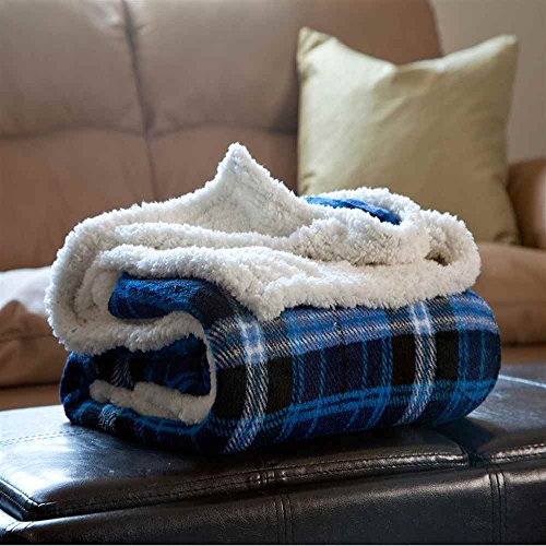 Lavish Home (Blue Reversible Plaid Fleece 50 x 60-Inch Machine-Washable Sherpa Throw – Cozy Blanket for Couch, Chair, or Bed, 50